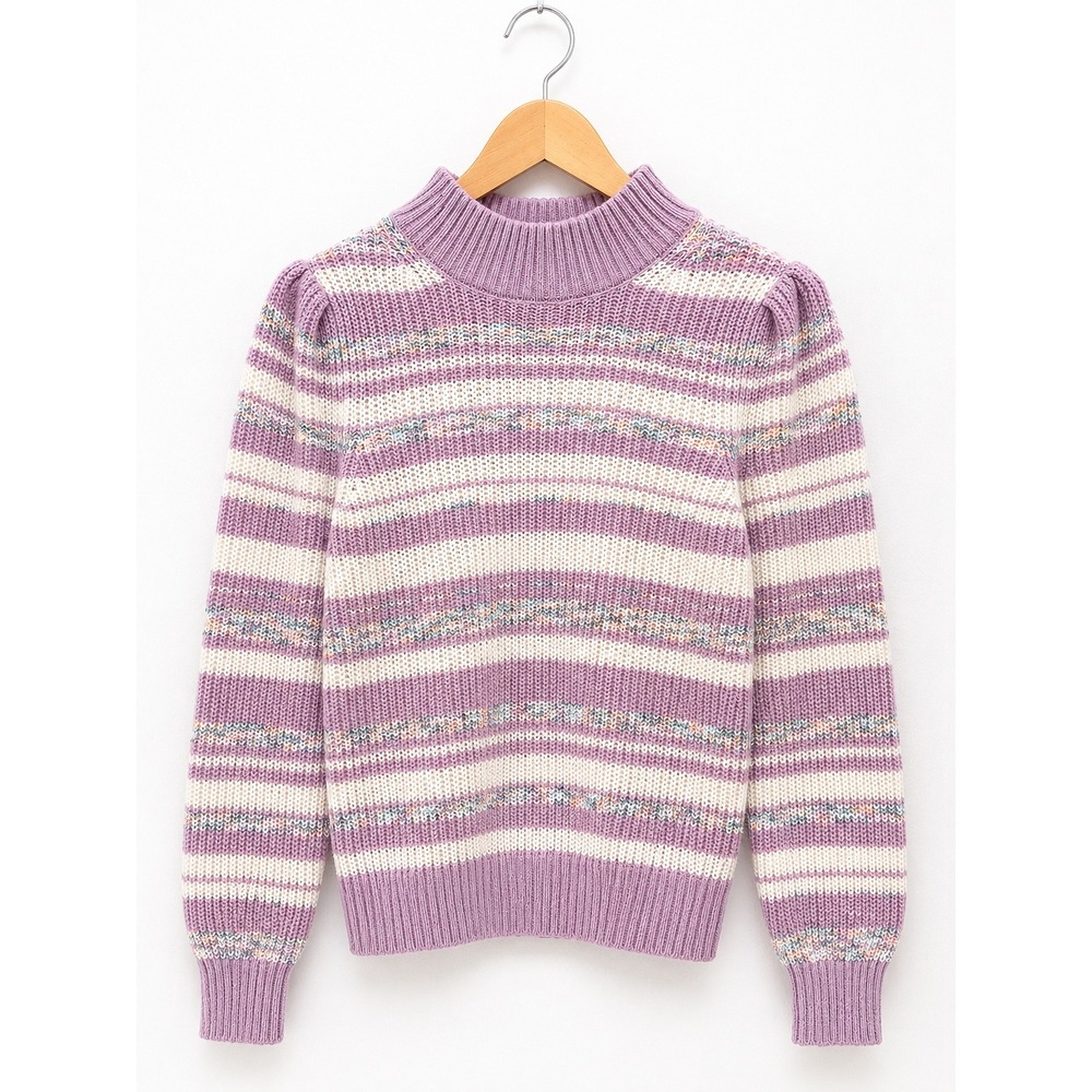 Loft Women Purple White Striped Mock Neck Puff Shoulder Knit Sweater Small
